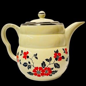 Vintage Hall China Poppy Teapot Cream Red Floral Silver Trim Beehive Art Deco *